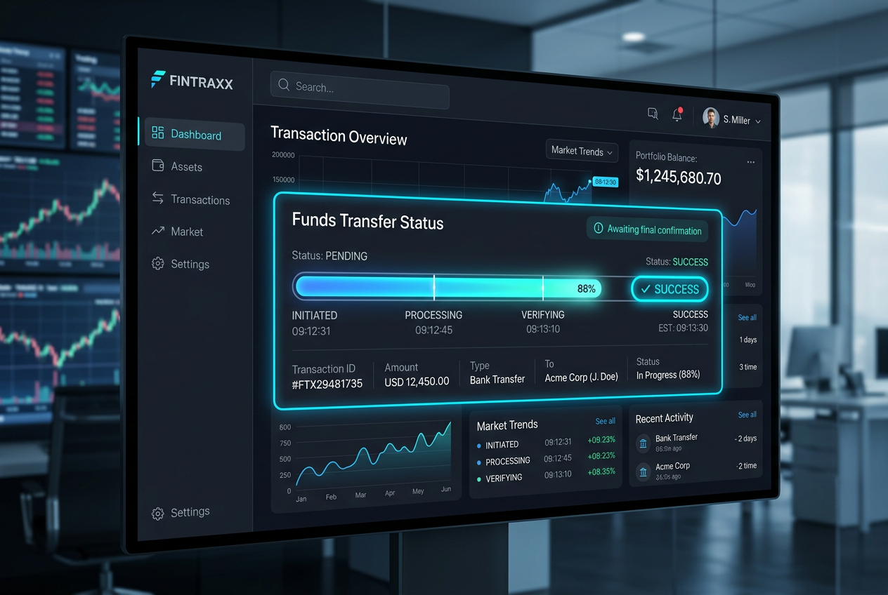 Nowoczesny dashboard finansowy kasyna online pokazujący status realizacji wypłaty