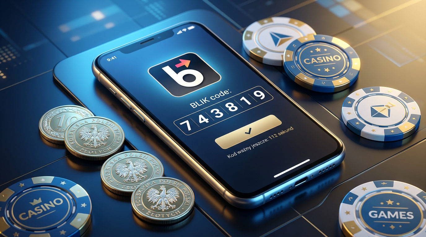 Smartfon z kodem BLIK i monetami 10 PLN na nowoczesnym tle kasynowym