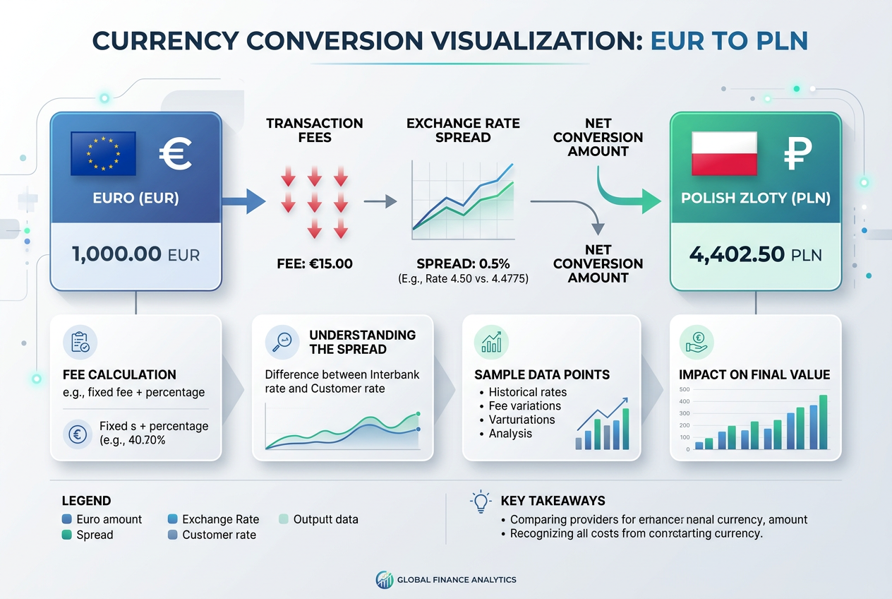Infografika przedstawiająca koszty przewalutowania i opłaty serwisowe portfela Skrill