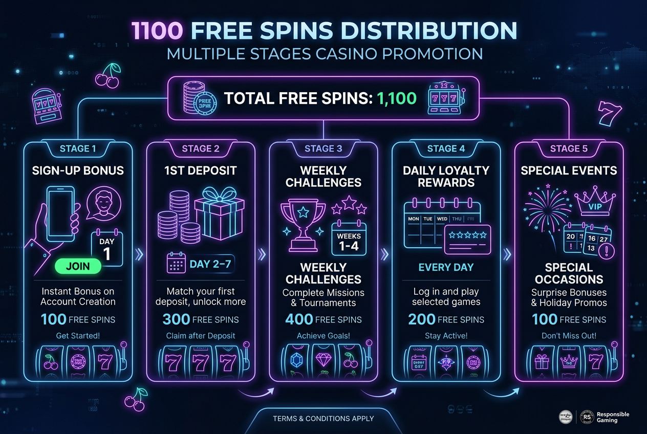 Infografika przedstawiająca podział 1100 darmowych spinów w Spinline